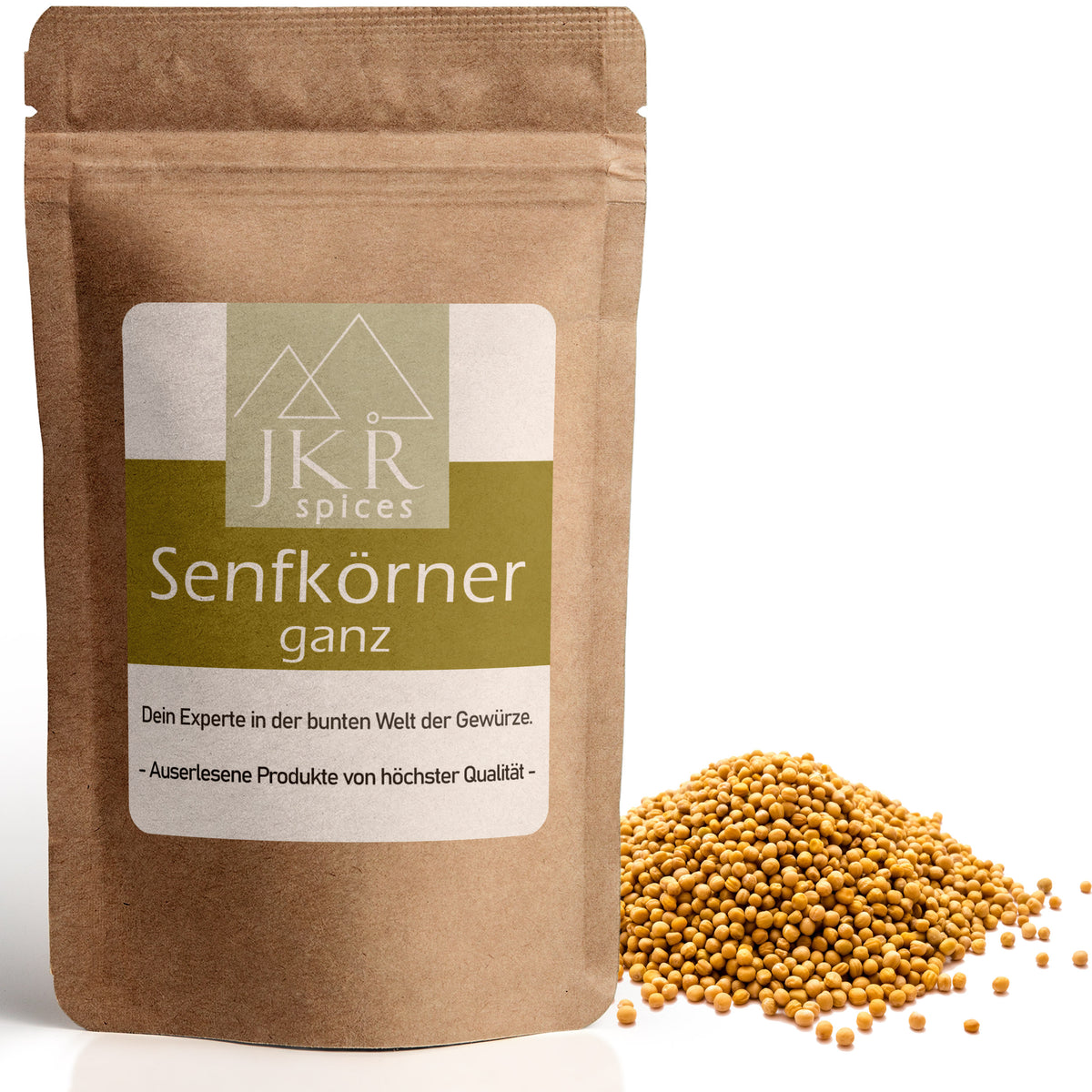 JKR Spices Senfkörner ganz im braunen Doypack mit Haufen ganzer gelber Senfkörner auf weißem Hintergrund