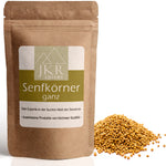 JKR Spices Senfkörner ganz im braunen Doypack mit Haufen ganzer gelber Senfkörner auf weißem Hintergrund