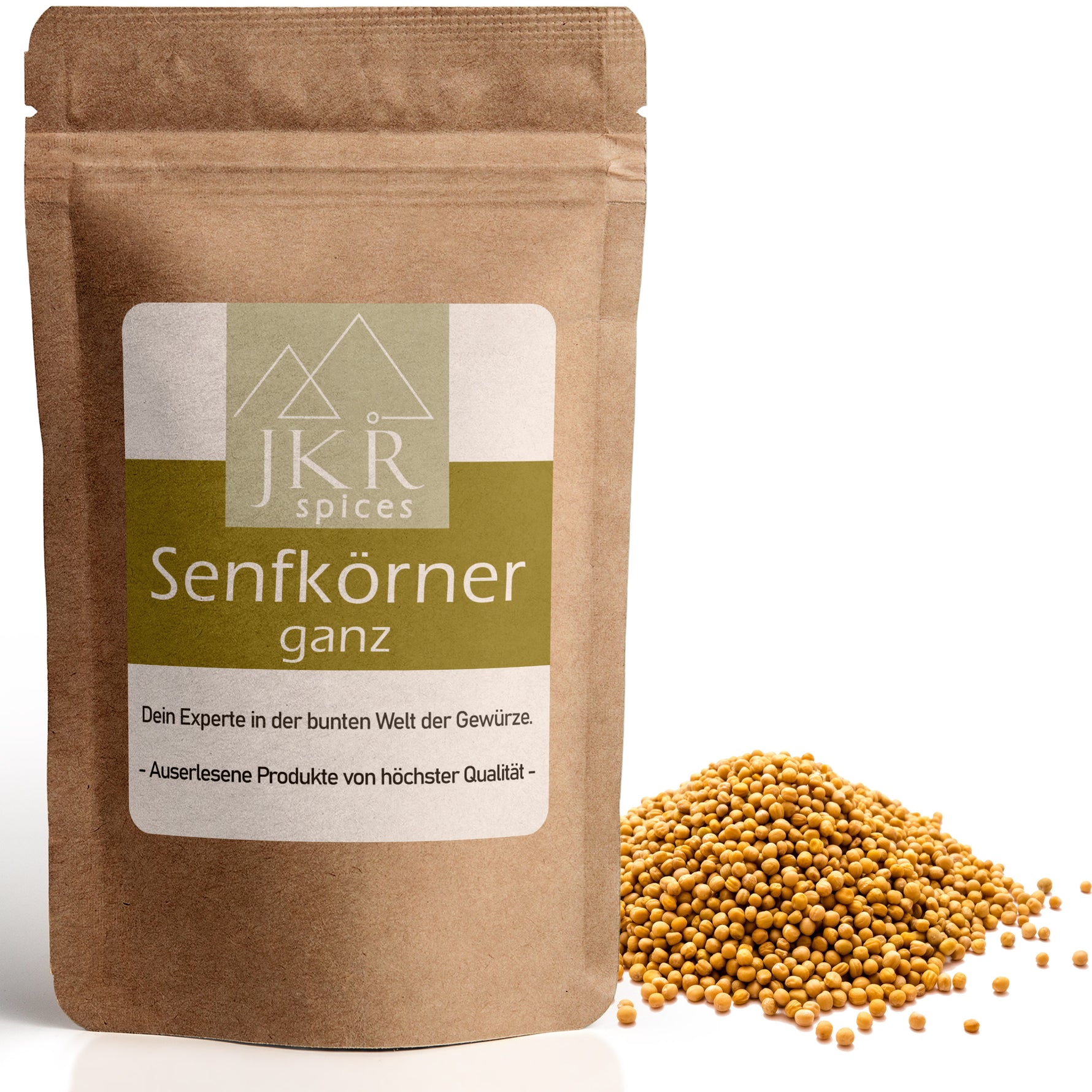 JKR Spices Senfkörner ganz im braunen Doypack mit Haufen ganzer gelber Senfkörner auf weißem Hintergrund