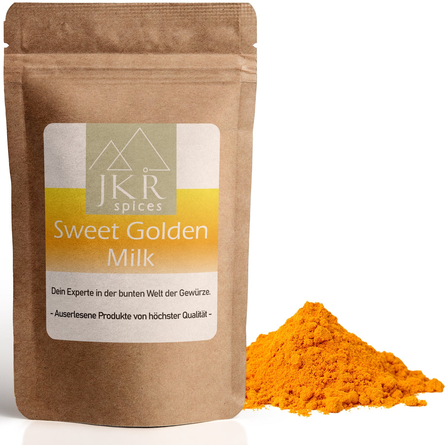 JKR Spices Sweet Golden Milk im Doypack mit gelbem Gewürzpulver auf weißem Hintergrund