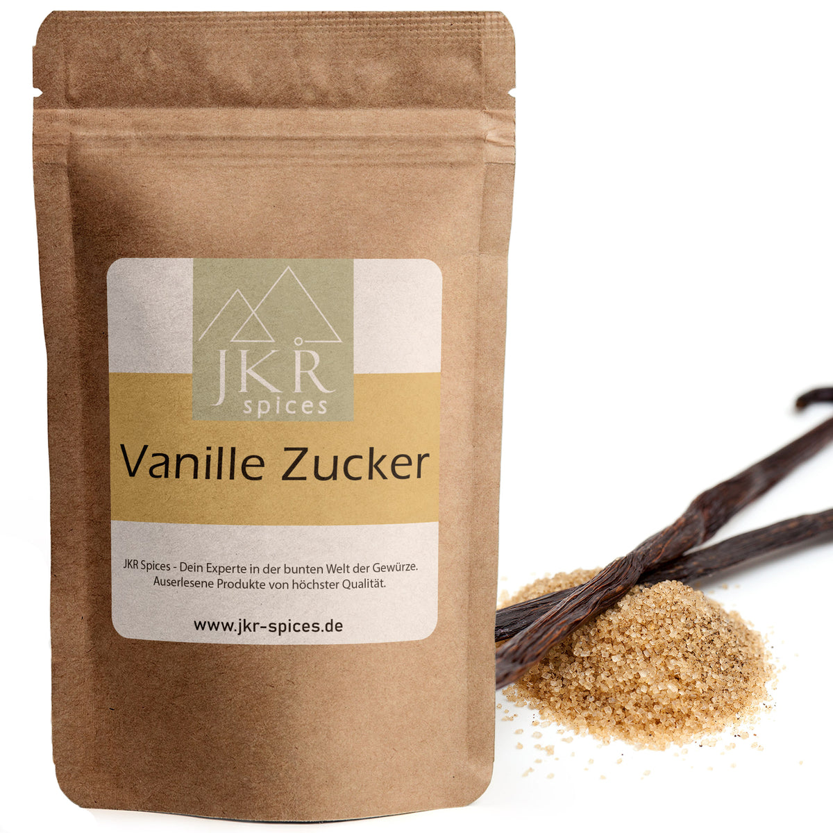 JKR Spices Vanille Zucker im Doypack mit Vanilleschote und Vanillezucker auf weißem Hintergrund