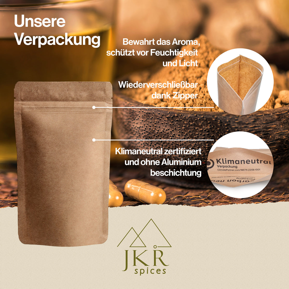 JKR nachhaltige Aromaschutz-Verpackung mit Zellulose-Innenbeschichtung und Zipper – wiederverschließbar und umweltfreundlich