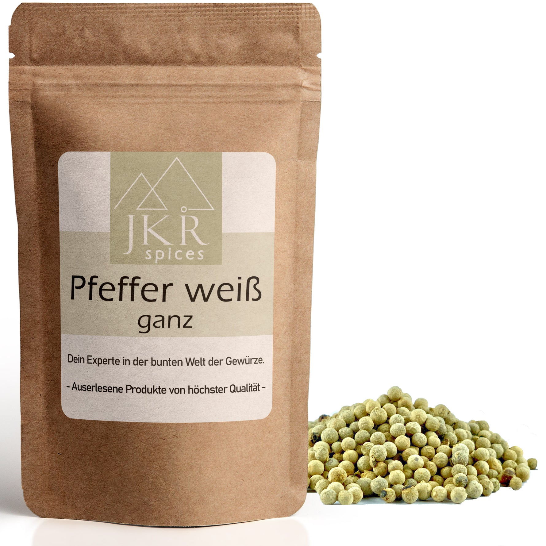 JKR Spices Pfeffer weiß ganz im Doypack mit weißen Pfefferkörnern auf weißem Hintergrund