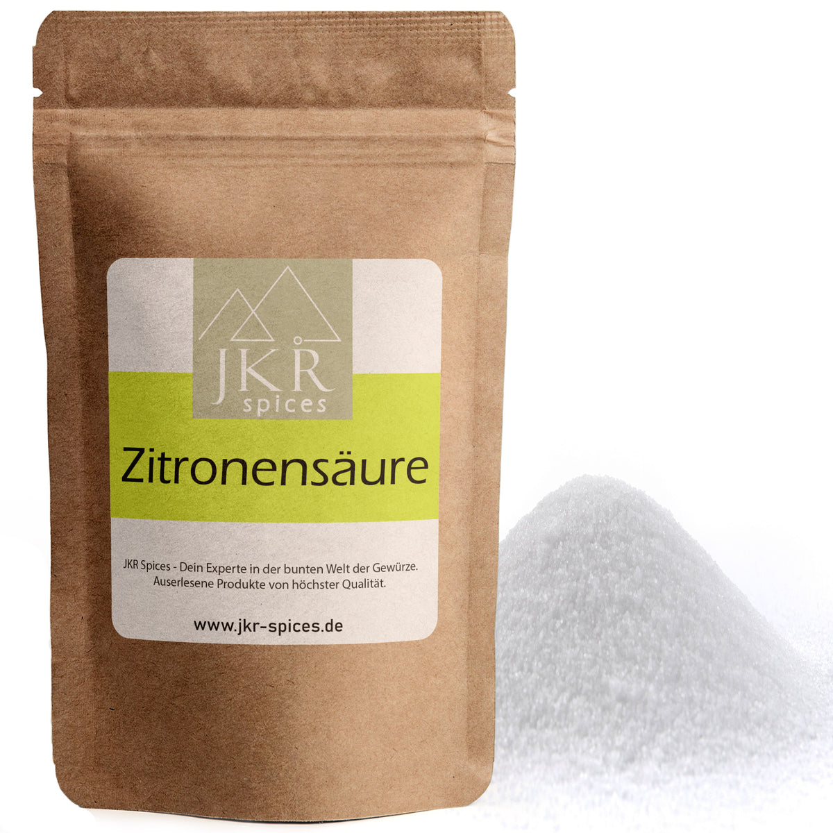 JKR Spices Zitronensäure E330 im Doypack mit weißem Kristallpulver, Lebensmittelqualität, zum Backen und Entkalken