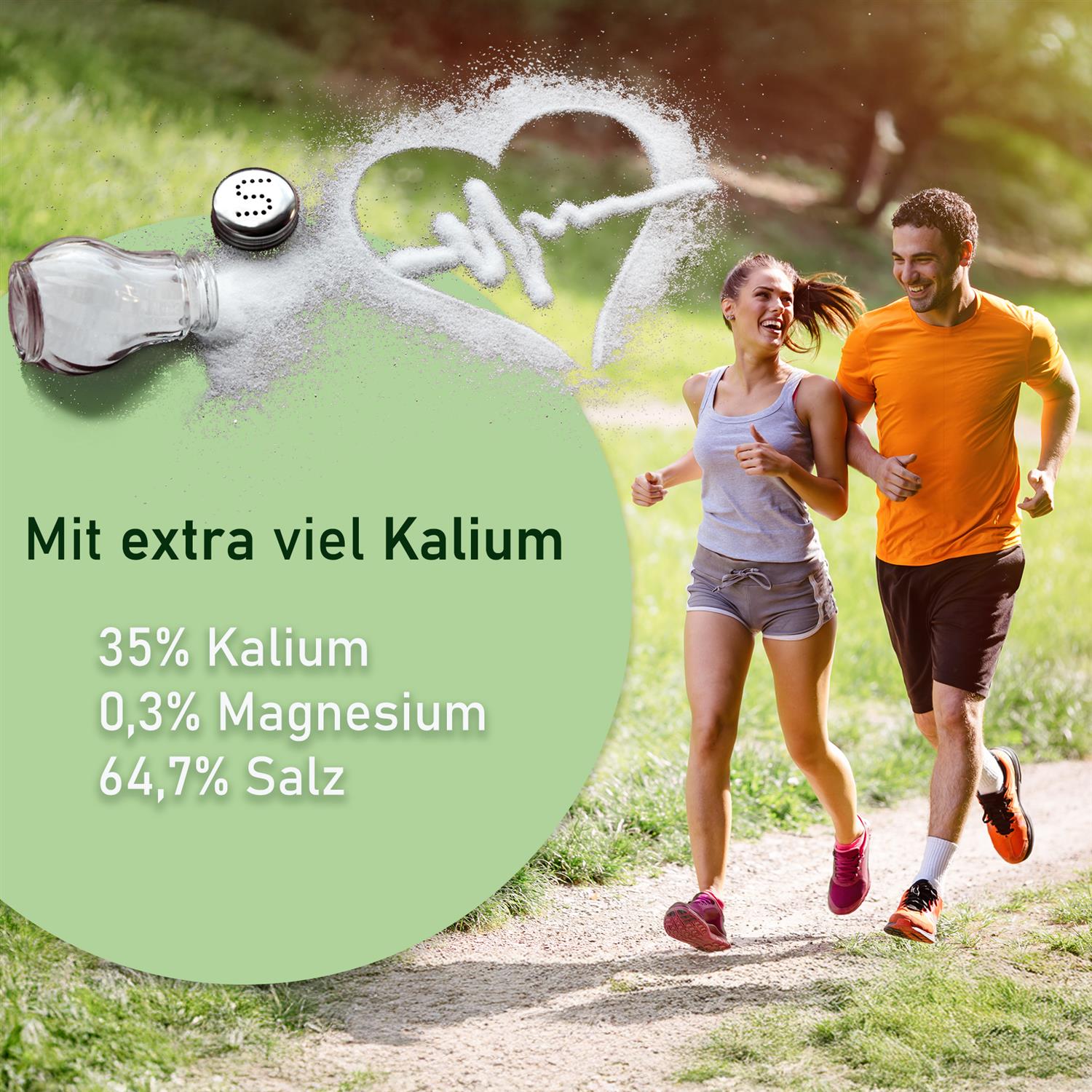 Kalium-Mischung Visual mit joggendem Paar und Herzsymbol – Hinweis auf 35 % Kalium und Unterstützung eines aktiven Lebensstils
