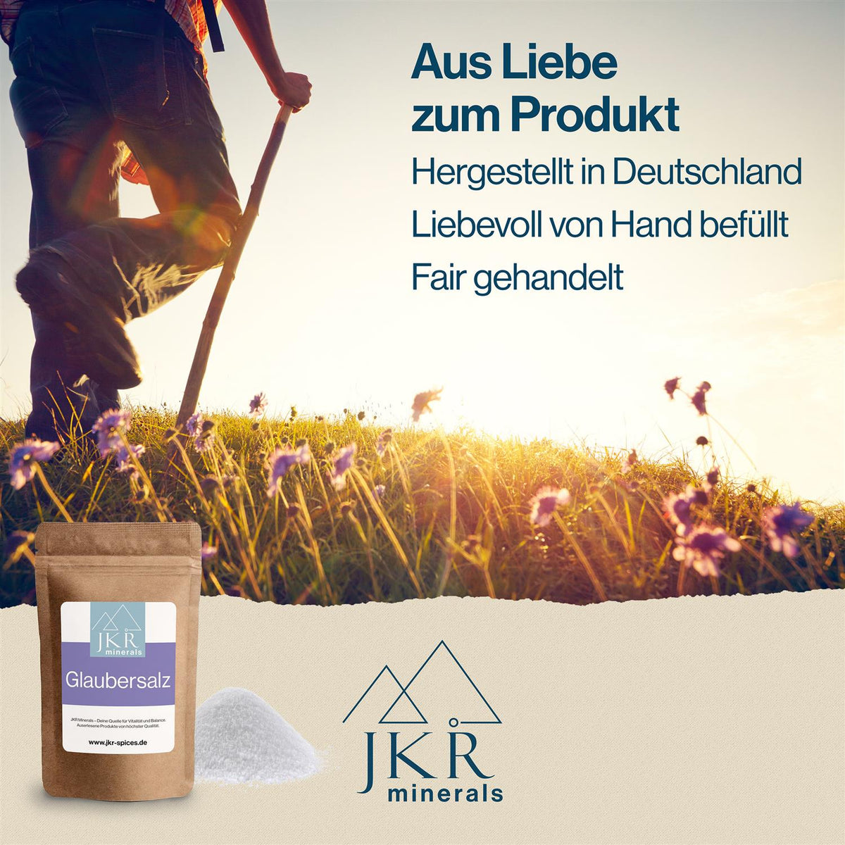 Aus Liebe zum Produkt Grafik, JKR Minerals Glaubersalz wird sorgfältig verarbeitet und verpackt, Feldmotiv mit Doypack