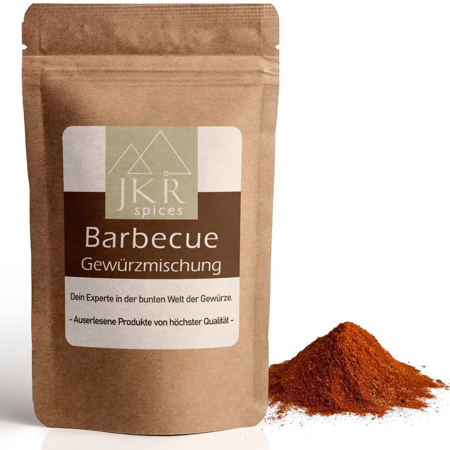 Barbecue Gewürzmischung von JKR im umweltfreundlichen Doypack, daneben aromatisches BBQ-Gewürz in kräftiger Farbe, hochwertige Mischung für Grillgerichte