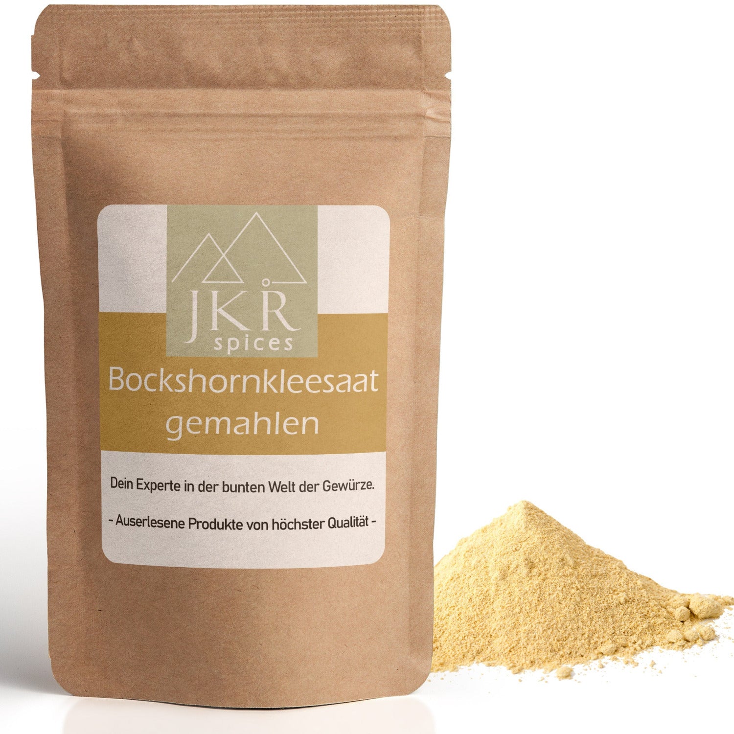JKR Spices Bockshornklee gemahlen im Standbeutel mit losem Saatgut auf weißem Hintergrund