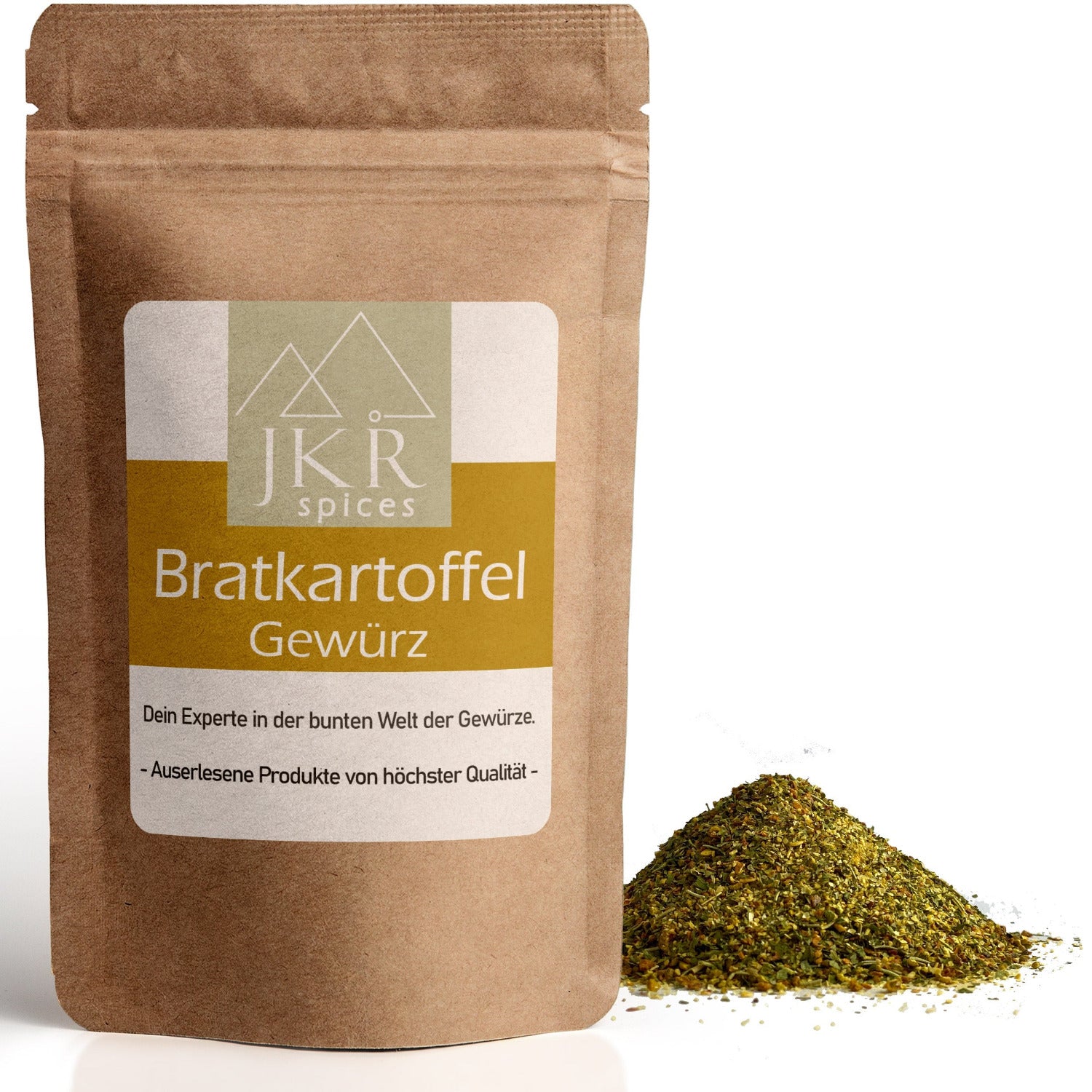 JKR Spices Bratkartoffel Gewürz im Standbeutel mit losem Gewürz auf weißem Hintergrund