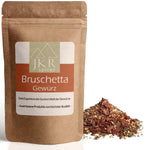 Bruschetta Gewürz Mischung im JKR Gewürz Doypack mit aromatischer Kräuter-Tomatenmischung und frischem Gewürzstreu auf weißem Hintergrund