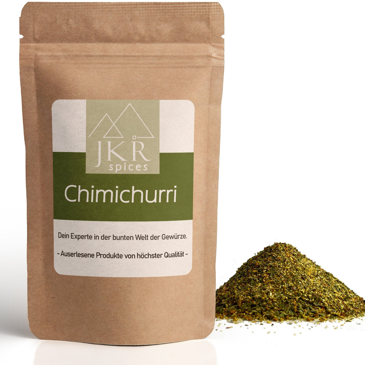 Chimichurri Gewürzmischung im braunen JKR Doypack mit grünem Kräuterpulver daneben – aromatische Kräuter für Grillen und Küche