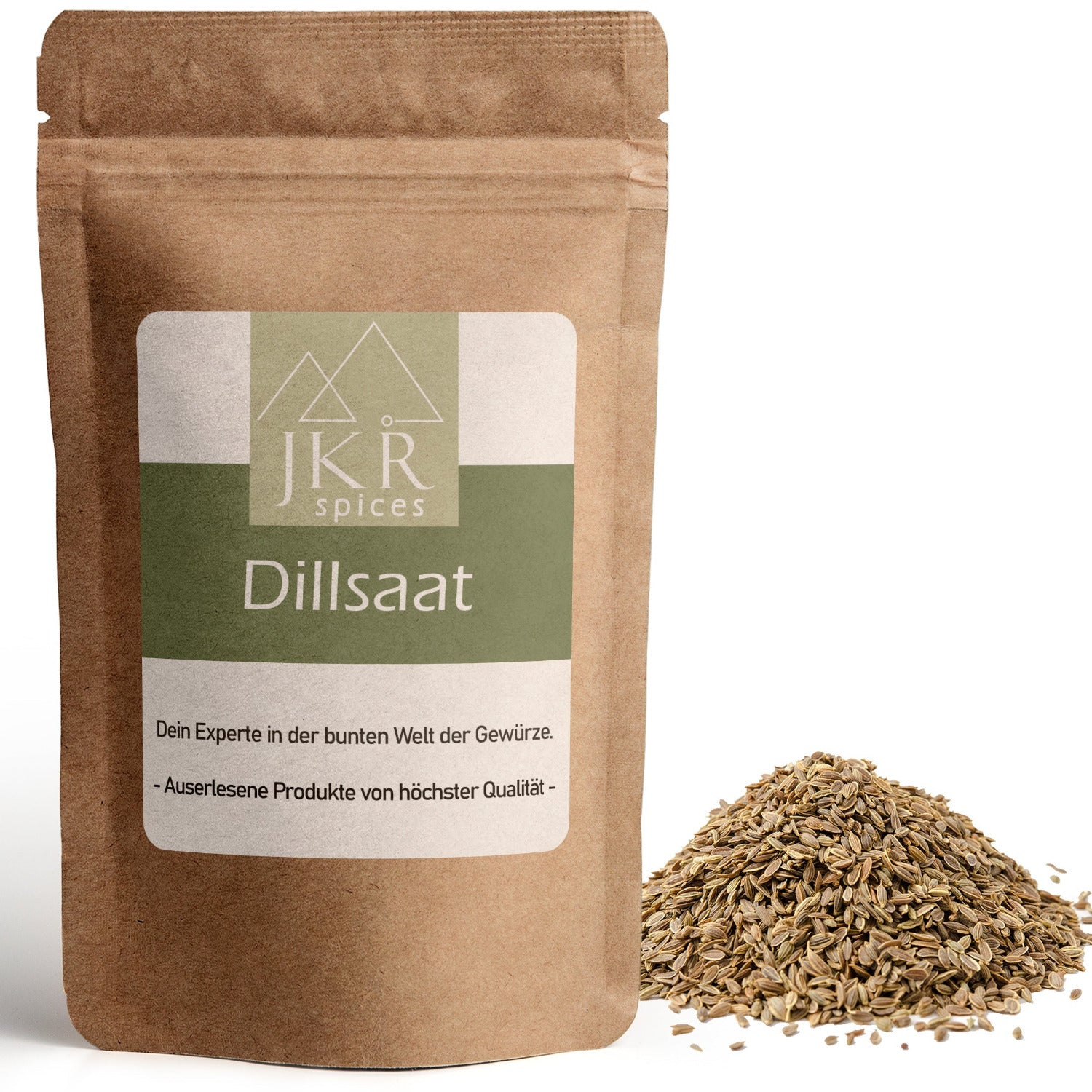 Dillsaat im braunen JKR Doypack mit Dill­samen davor – aromatisches Gewürz für Brot, Einlegen und herzhafte Küche