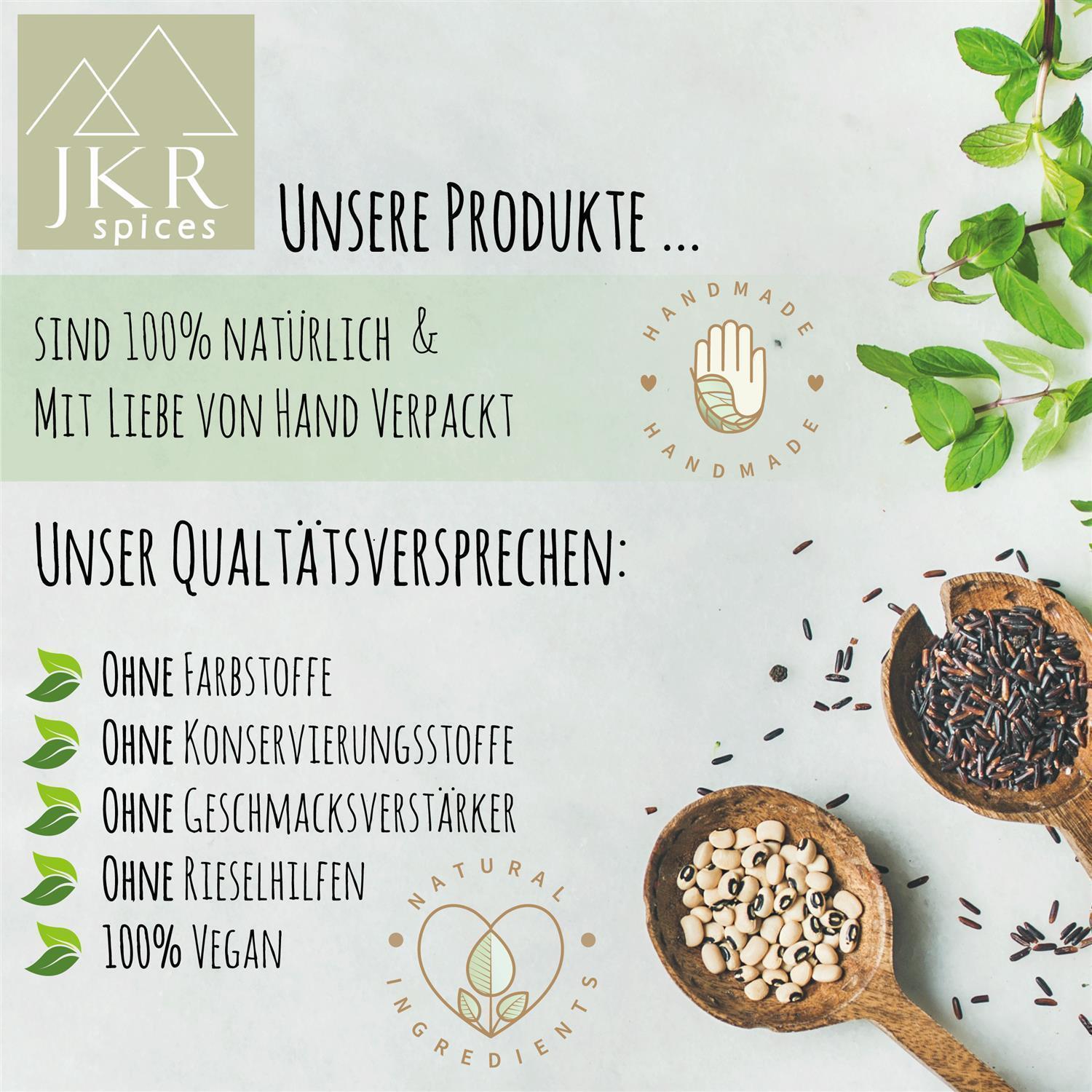 Allgemeines JKR Qualitätsversprechen mit natürlichen Zutaten und Verzicht auf Zusatzstoffe – nachhaltige, handverpackte Produkte