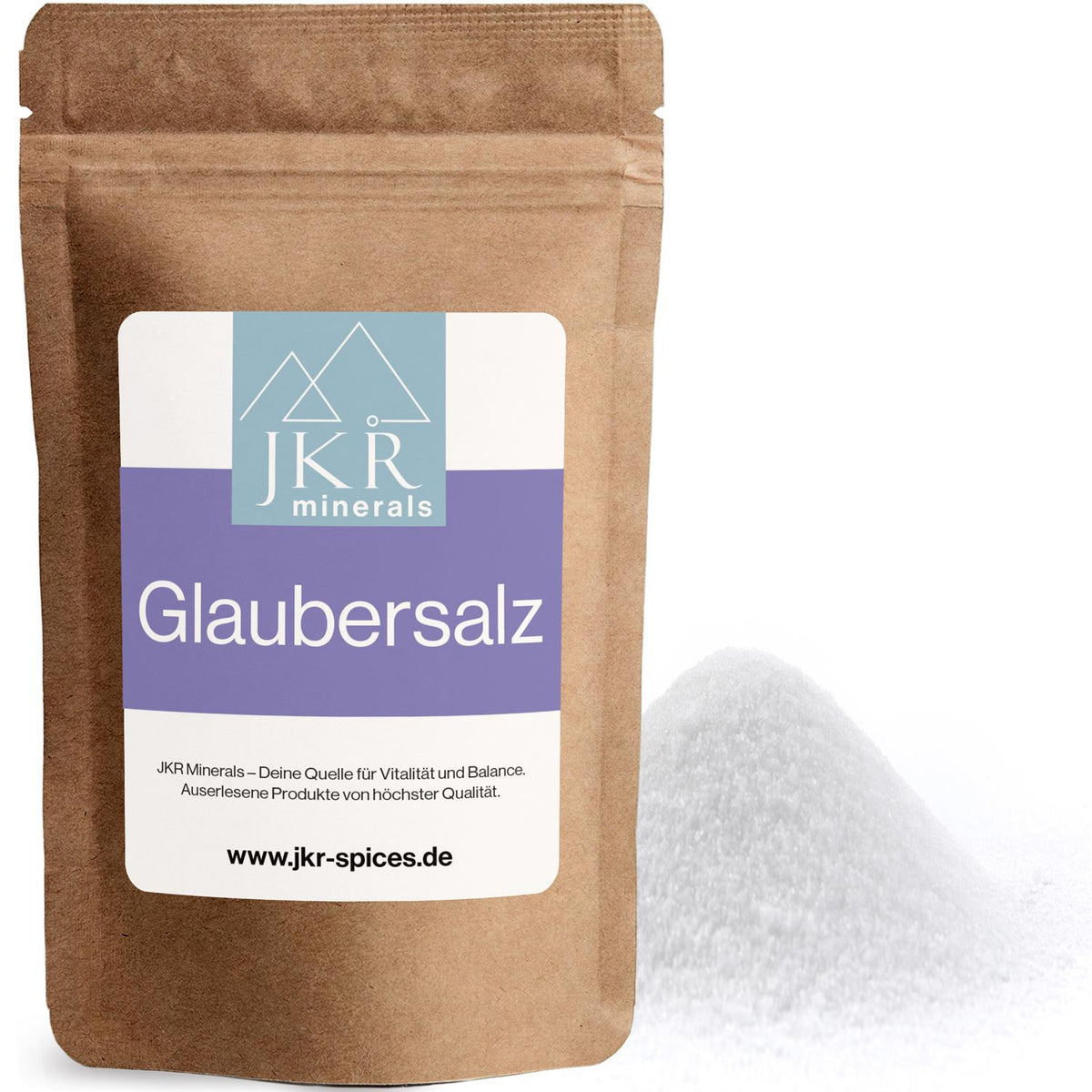 JKR Minerals Glaubersalz im Doypack mit weißem Salzpulver, Produktfoto auf weißem Hintergrund