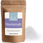 JKR Minerals Glaubersalz im Doypack mit weißem Salzpulver, Produktfoto auf weißem Hintergrund