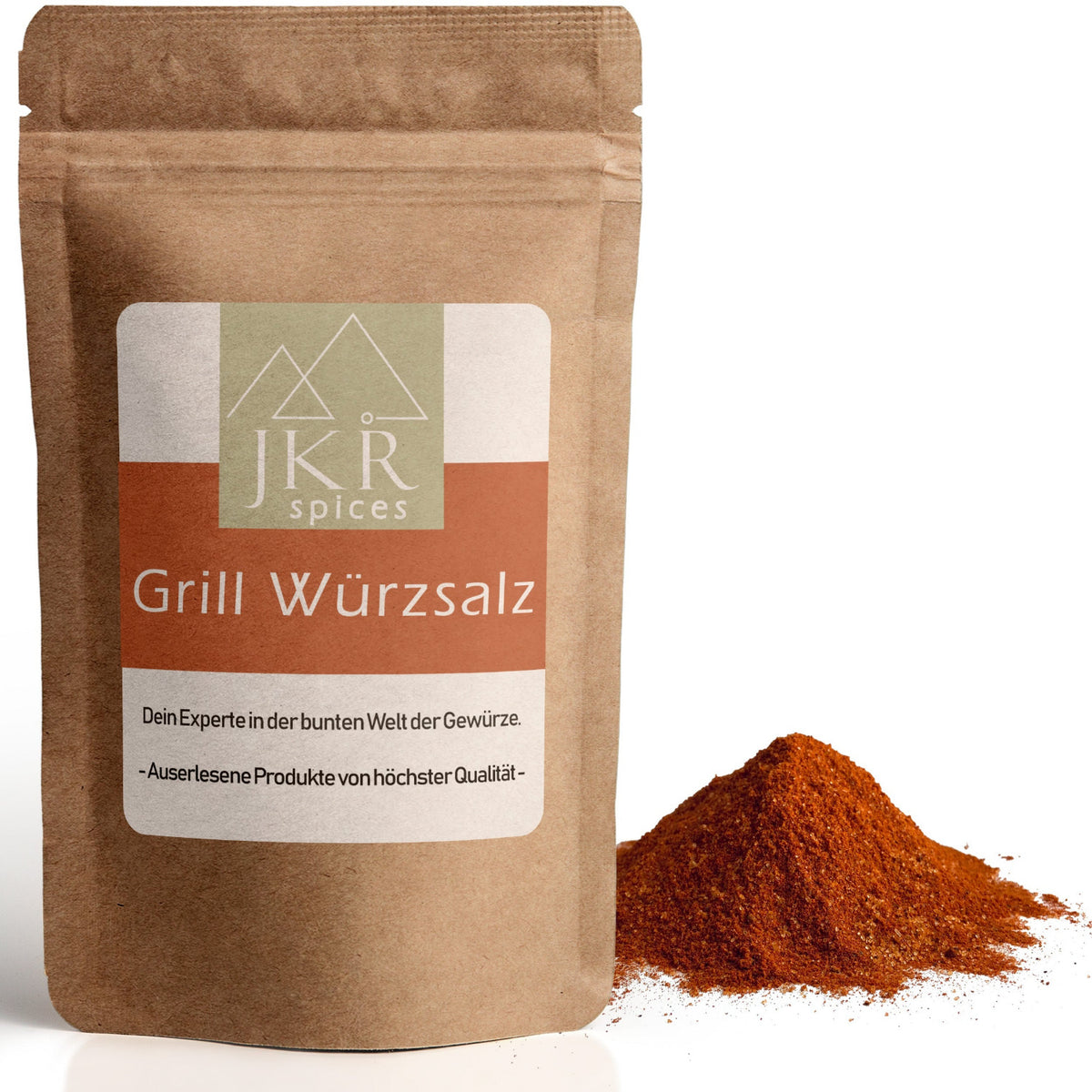 Grill Würzsalz im braunen JKR Doypack mit rötlicher Gewürzsalzmischung davor – aromatische Mischung für Fleisch, Grillgerichte und Marinaden 