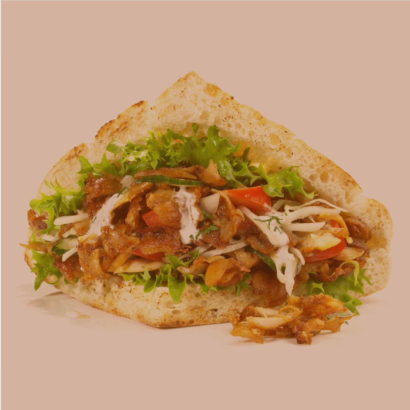 Gefülltes Gyros-Pita mit Fleisch, Zwiebeln und Salat auf hellem Hintergrund – servierfertiges Beispielgericht