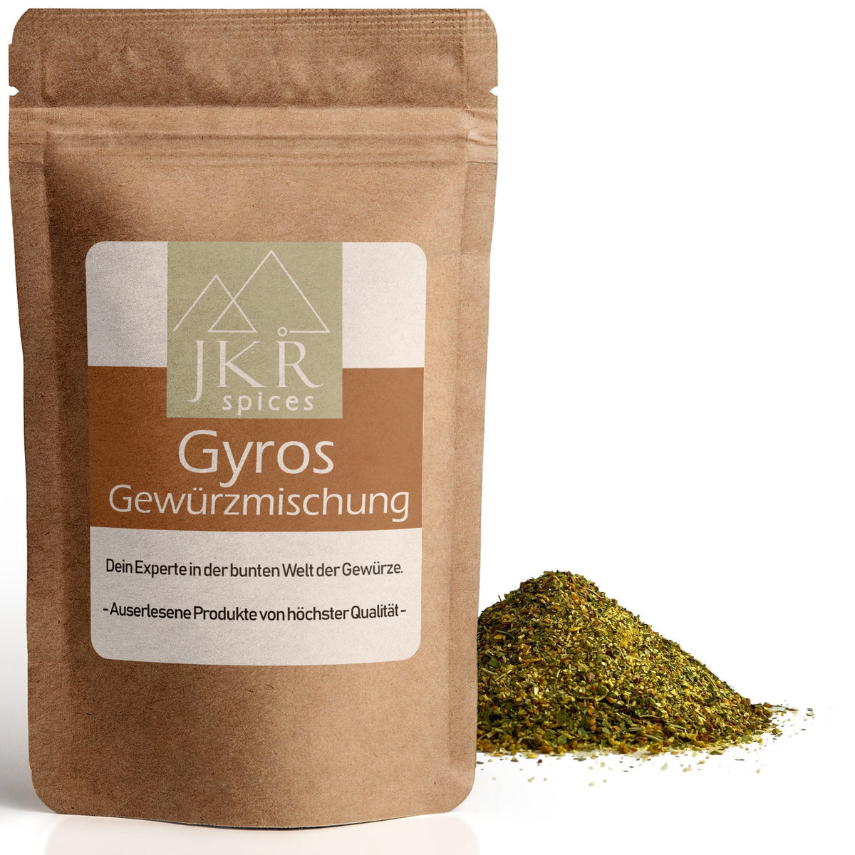 Gyros Gewürzmischung im braunen JKR Doypack mit würziger Kräuter-Gewürzmischung davor – aromatische Mischung für Gyros, Fleisch und mediterrane Gerichte