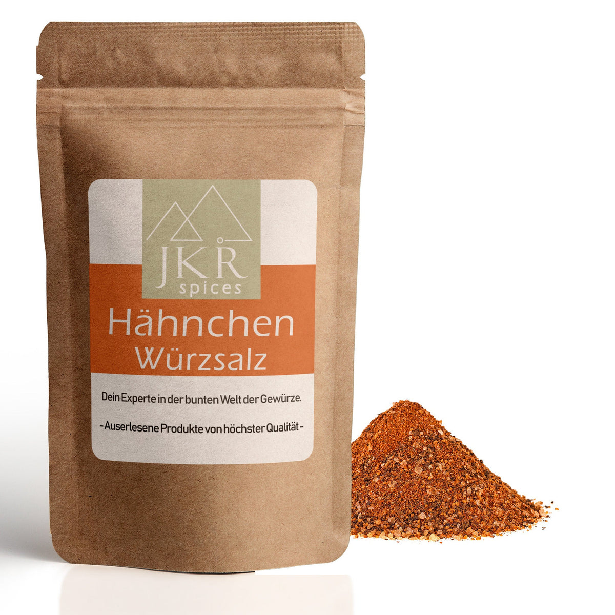Hähnchen Würzsalz im braunen JKR Doypack mit rötlicher Gewürzsalzmischung davor – aromatische Mischung für Hähnchen, Grillgerichte und Marinaden
