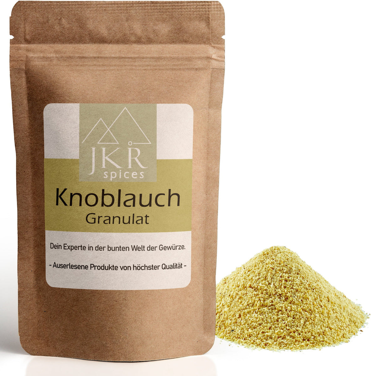 Knoblauch Granulat im braunen JKR Doypack mit feinem gelblichem Granulat davor – aromatisches Gewürz für Küche, Marinaden und Gemüsegerichte