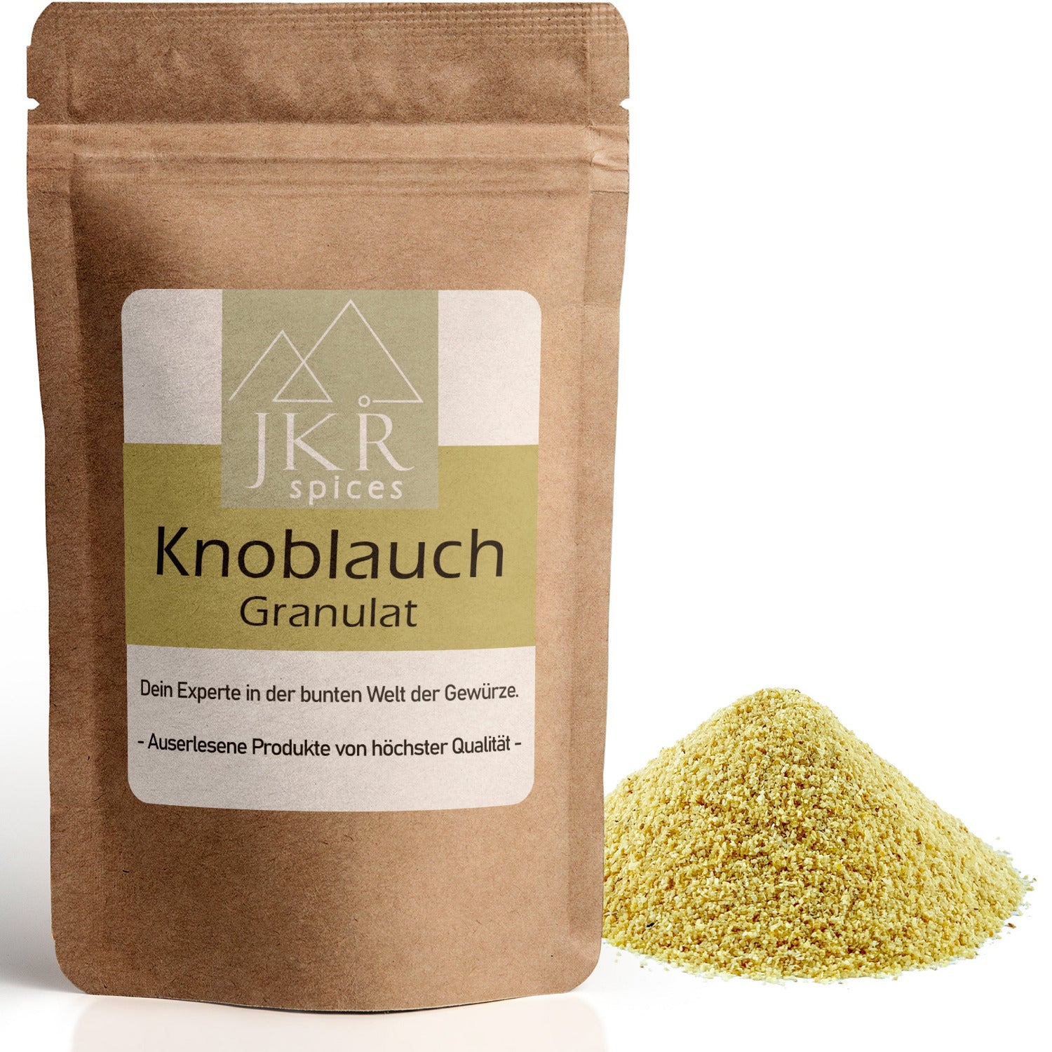 Knoblauch Granulat im braunen JKR Doypack mit feinem gelblichem Granulat davor – aromatisches Gewürz für Küche, Marinaden und Gemüsegerichte