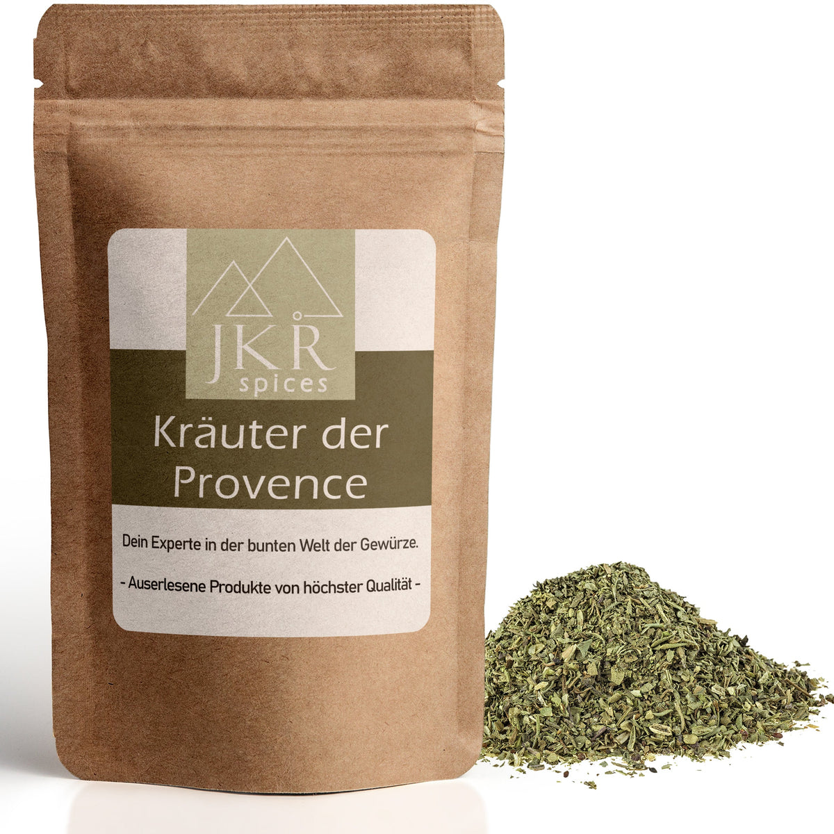 JKR Spices Kräuter der Provence im Doypack, Kräutermischung als Häufchen neben der Packung, Produktfoto auf weißem Hintergrund