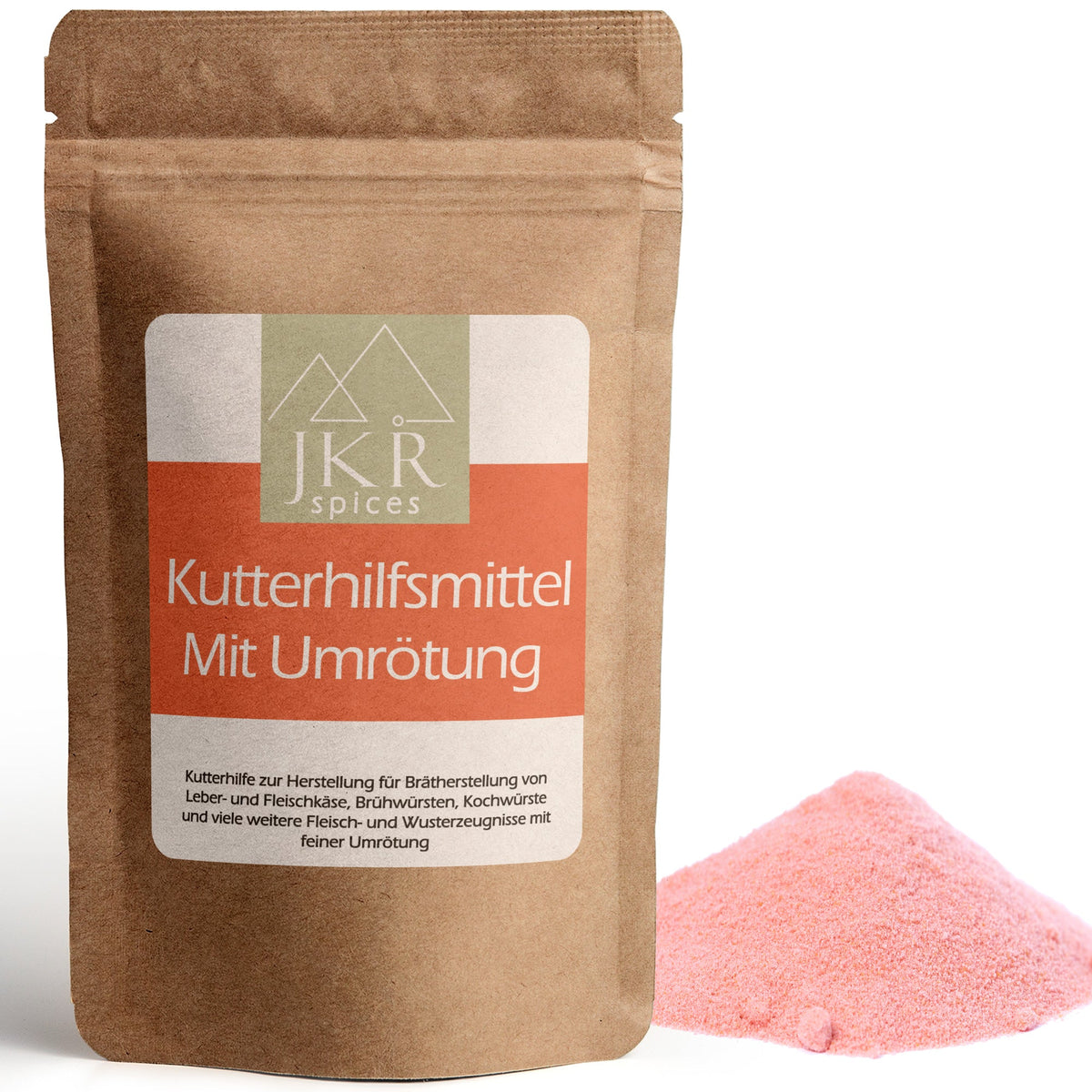 JKR Spices Kuttermittel mit Umrötung im Doypack, rosa Pulver als Häufchen neben der Packung, Produktfoto auf weißem Hintergrund