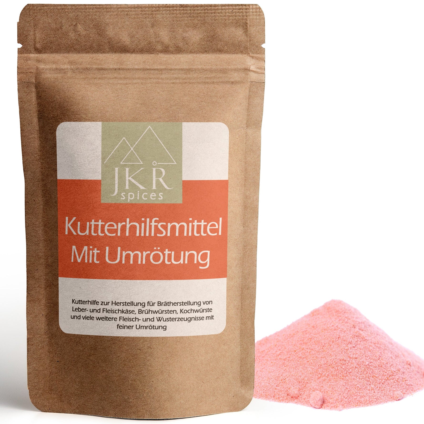 JKR Spices Kuttermittel mit Umrötung im Doypack, rosa Pulver als Häufchen neben der Packung, Produktfoto auf weißem Hintergrund