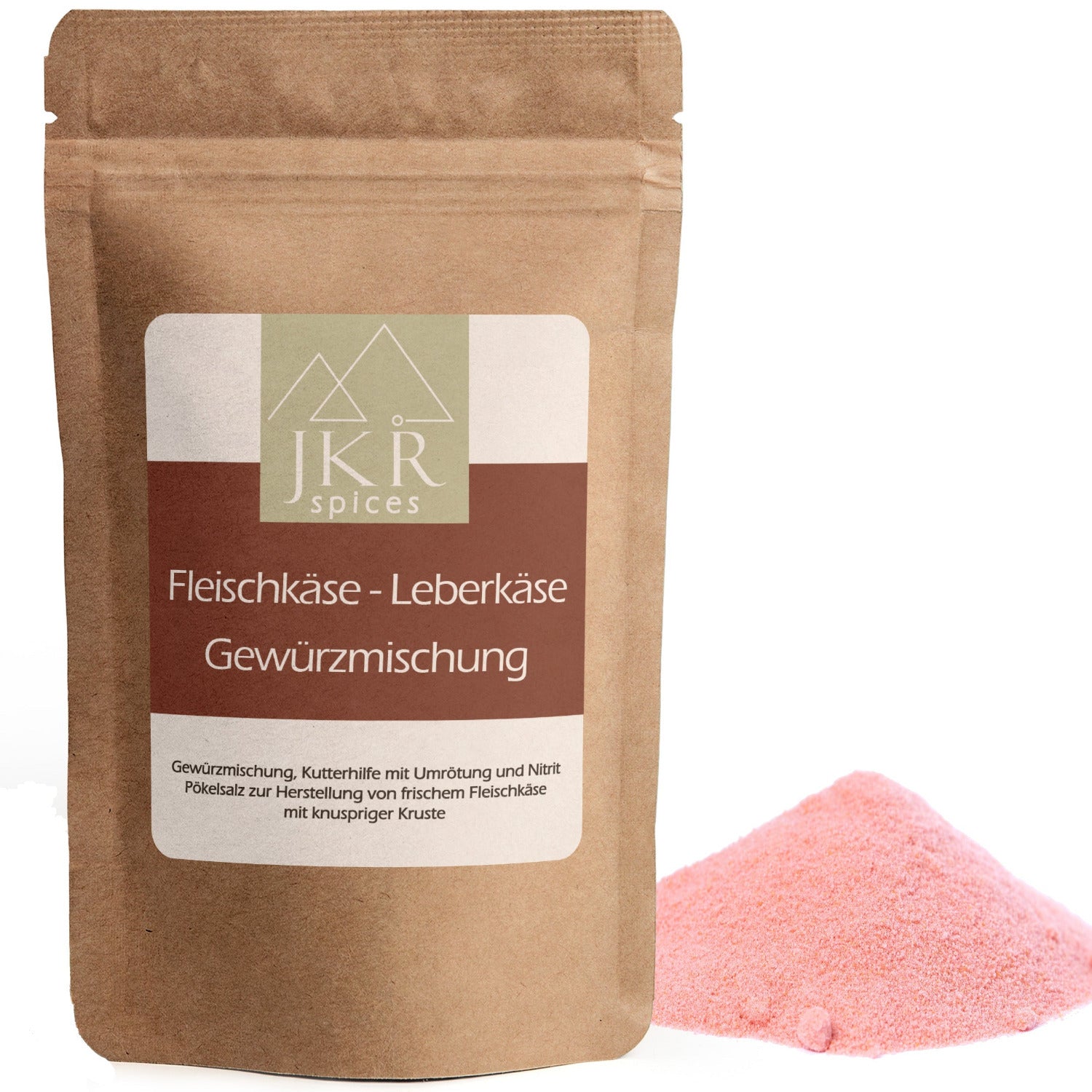 Fleischkäse-Leberkäse Gewürzmischung im braunen JKR Doypack mit rosa Gewürzpulver daneben – aromatische Mischung für hausgemachten Leberkäse