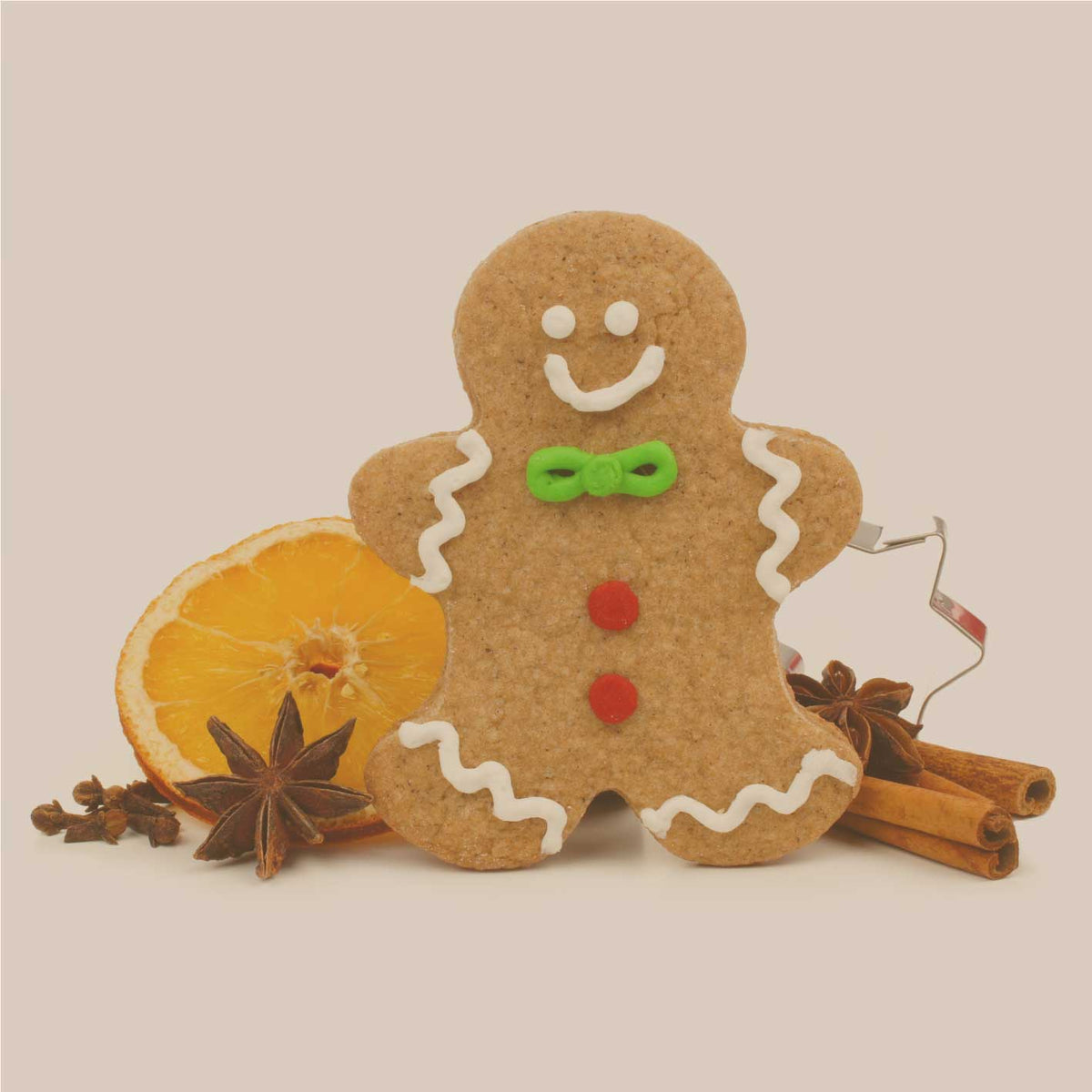 Weihnachtsplätzchen Motiv mit Lebkuchenmann, Sterne und Zimt, winterliche Backdeko als Serviervorschlag für JKR Gewürze