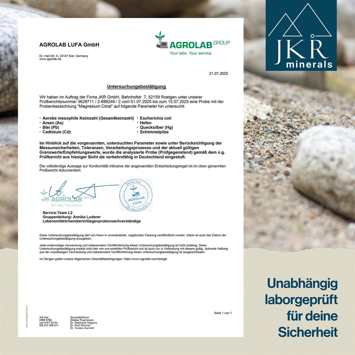 Laborgeprüftes Magnesiumcitrat von JKR inklusive Analysezertifikat – geprüfte Reinheit, Qualität und Magnesiumgehalt nach deutschen Standards
