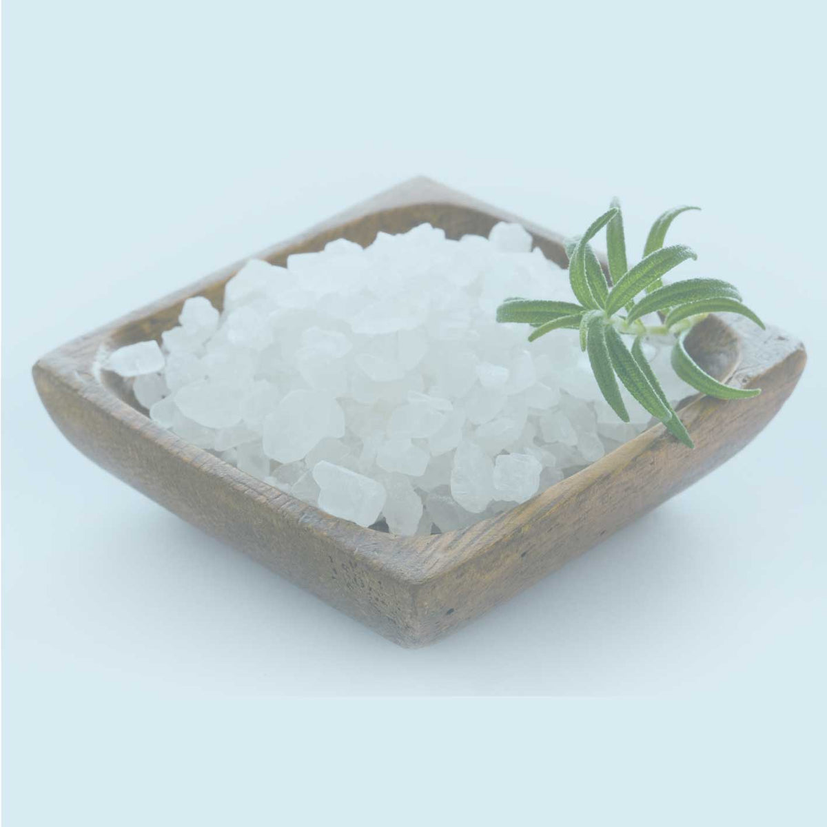 Grobes Meersalz in Holzschale mit Rosmarinzweig, Salzkristalle als Zutatenmotiv auf hellem Hintergrund