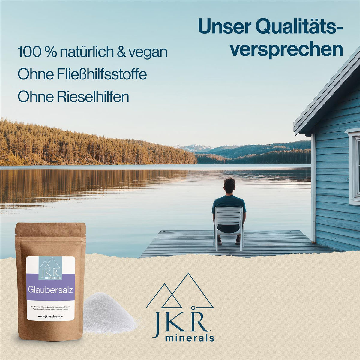 JKR Minerals Qualitätsversprechen Grafik, 100% natürlich und vegan, ohne Farbstoffe und ohne Rieselhilfen, See und Steg Motiv