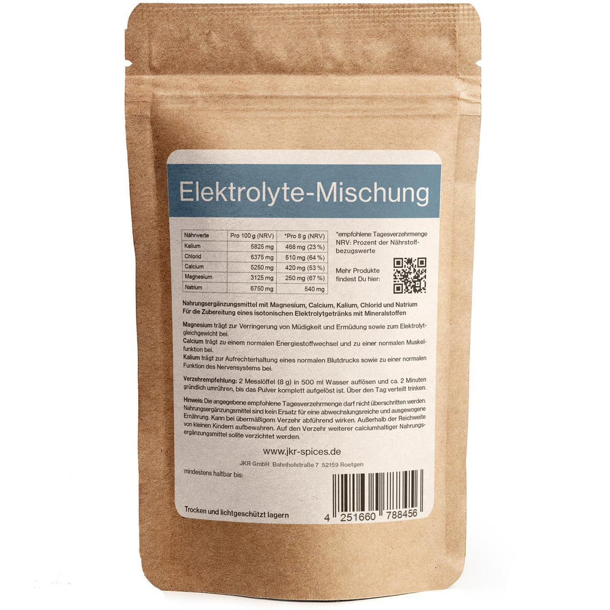 Rückseite JKR Elektrolyte mit Nährwerttabelle, Verzehrempfehlung und transparenter Produktübersicht – hochwertige Mineralstoffmischung für optimale Regeneration