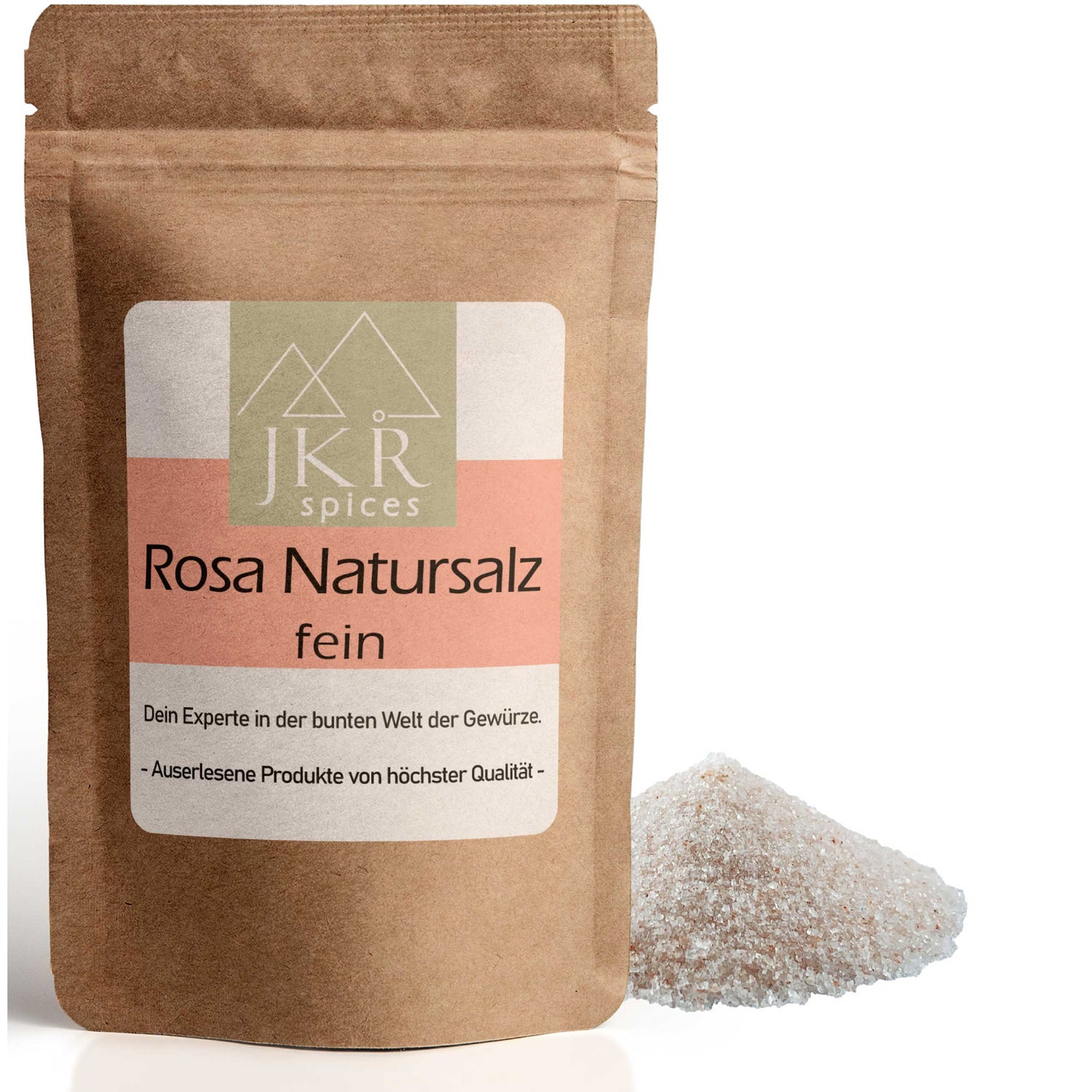 JKR Spices Rosa Natursalz fein im Doypack, feines rosa Steinsalz als Salzhaufen neben der Packung, Produktfoto auf weißem Hintergrund