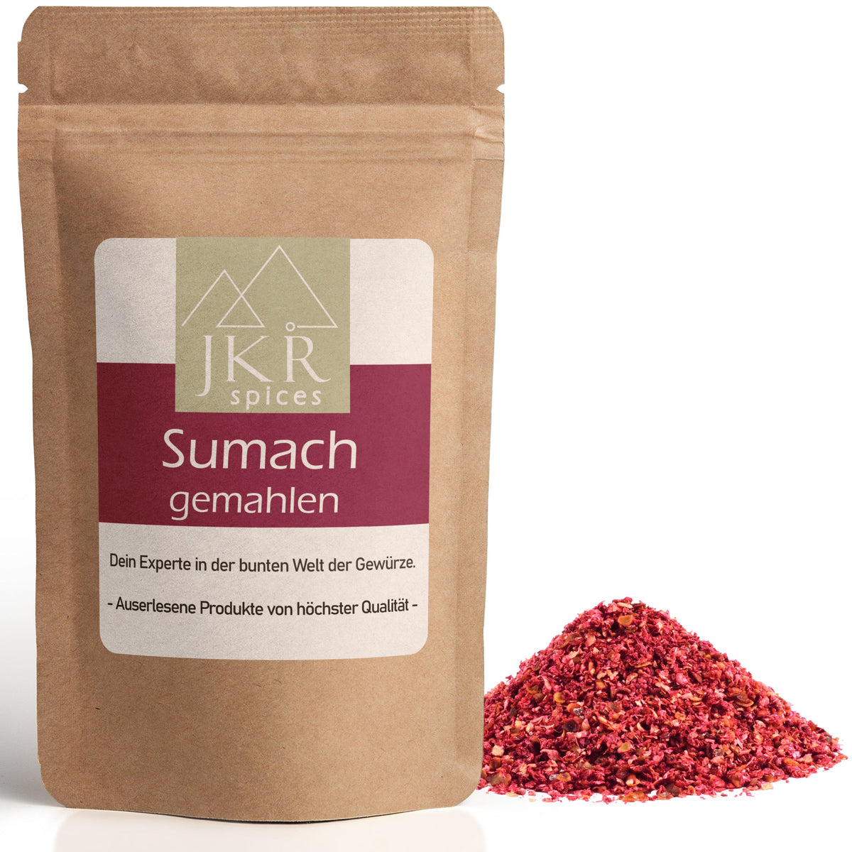 JKR Spices Sumach gemahlen im Doypack mit rotem Sumach Pulver auf weißem Hintergrund