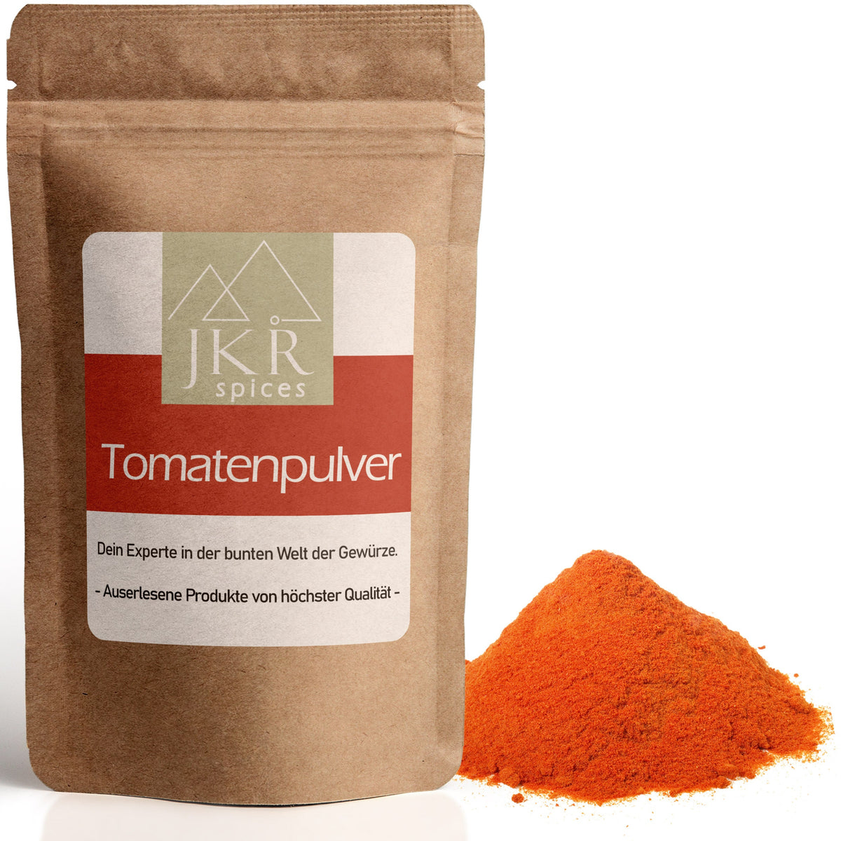 JKR Spices Tomatenpulver im Doypack mit Tomatenpulver Haufen, intensives Tomaten Gewürz zum Würzen von Saucen, Pasta und Suppen
