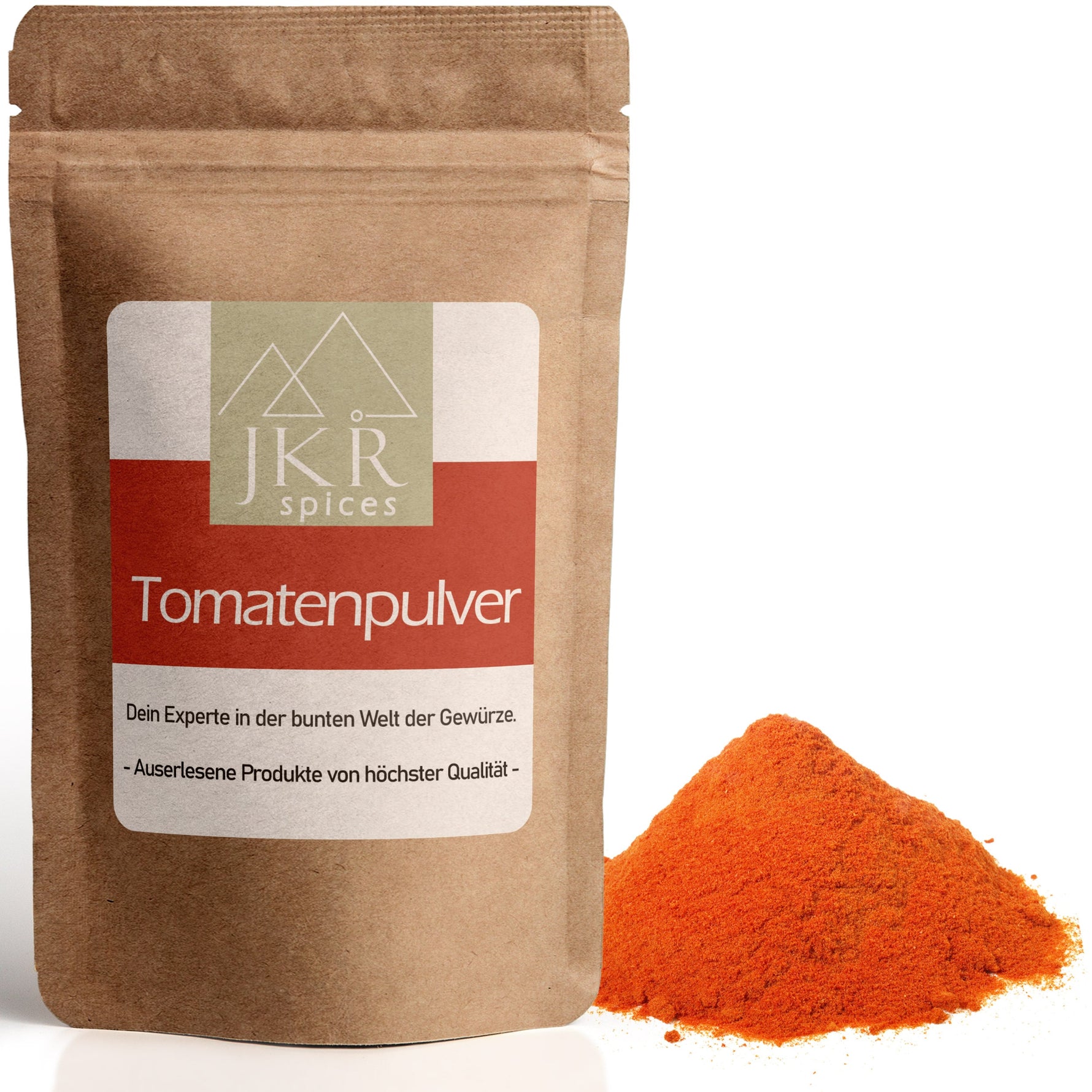JKR Spices Tomatenpulver im Doypack mit Tomatenpulver Haufen, intensives Tomaten Gewürz zum Würzen von Saucen, Pasta und Suppen