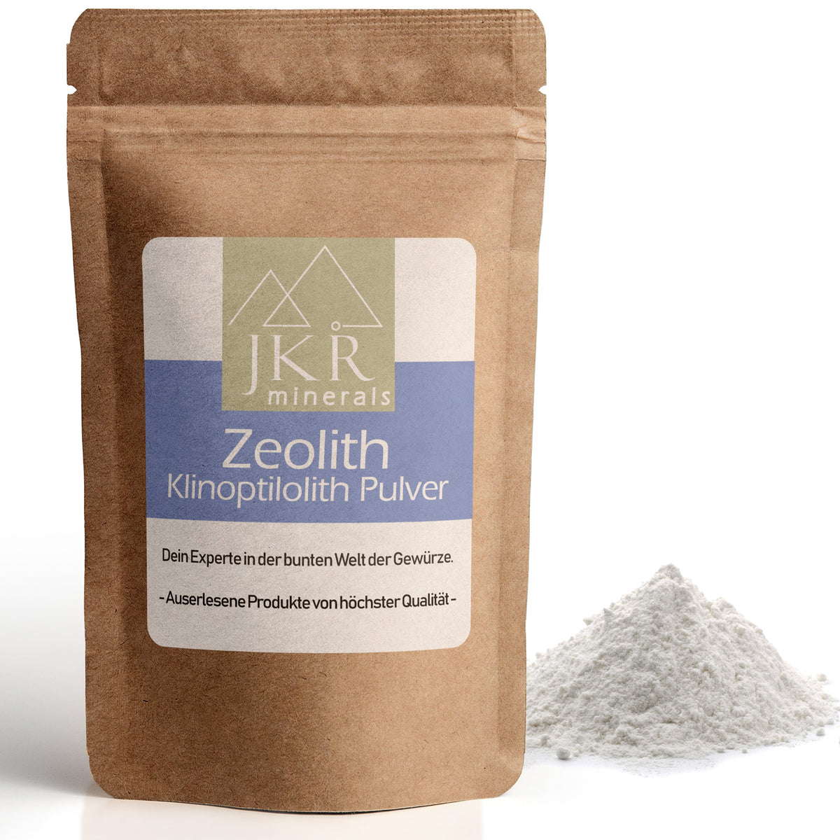 JKR Zeolith Pulver im Doypack mit weißen Pulver auf weißem Hintergrund