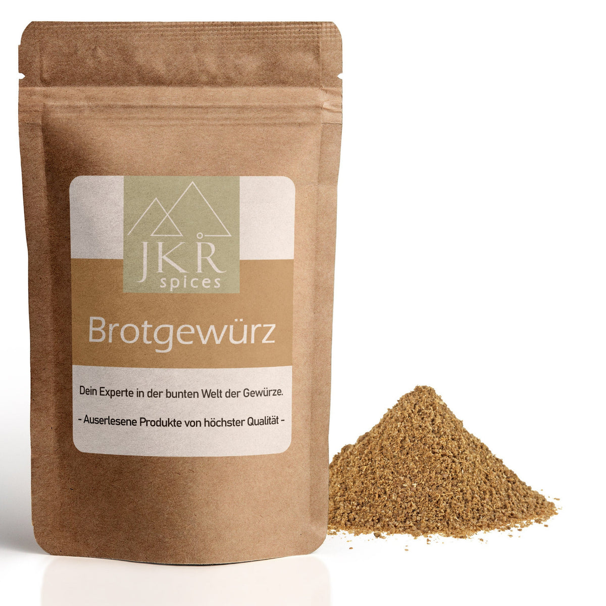 JKR Spices Brotgewürz im Standbeutel mit losem Gewürz auf weißem Hintergrund